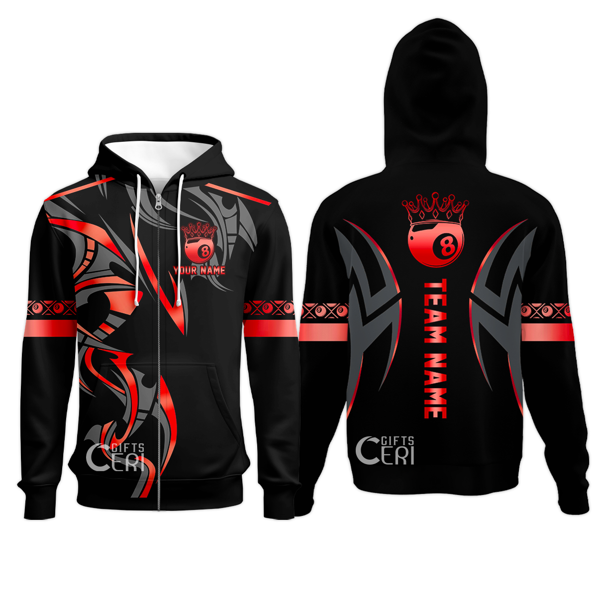 Customized Billiards Zip Hoodies, Crown 8 Ball Esport, 8 Ball Jersey