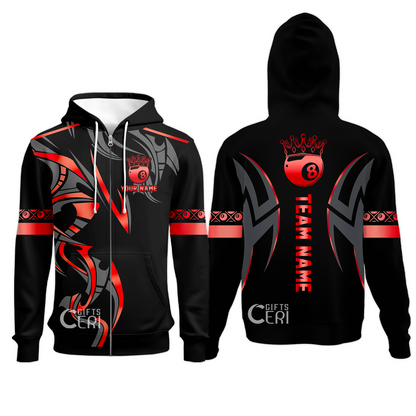 Customized Billiards Zip Hoodies, Crown 8 Ball Esport, 8 Ball Jersey