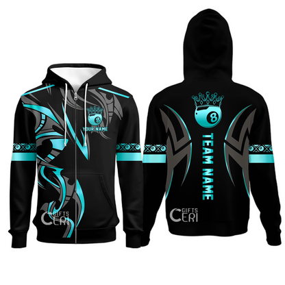 Customized Billiards Zip Hoodies, Crown 8 Ball Esport, 8 Ball Jersey