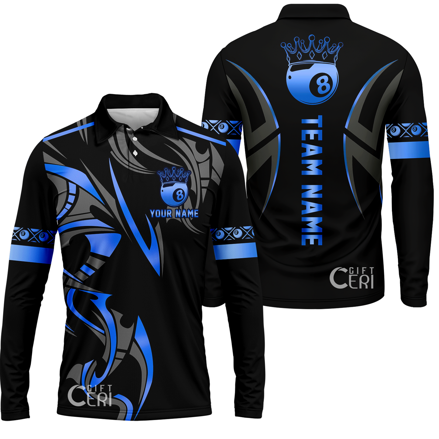 Customized Billiards Long Sleeve Polo Shirt, Crown 8 Ball Esport, 8 Ball Jersey
