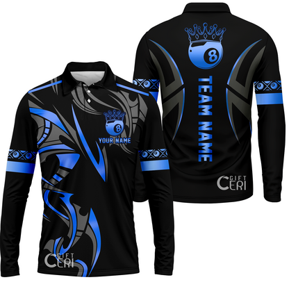 Customized Billiards Long Sleeve Polo Shirt, Crown 8 Ball Esport, 8 Ball Jersey