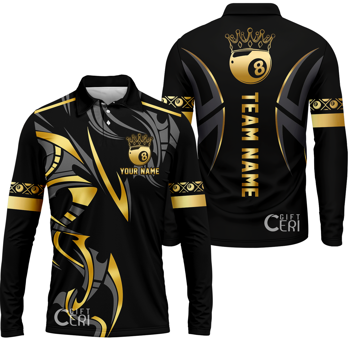 Customized Billiards Long Sleeve Polo Shirt, Crown 8 Ball Esport, 8 Ball Jersey