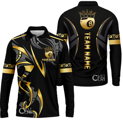 Customized Billiards Long Sleeve Polo Shirt, Crown 8 Ball Esport, 8 Ball Jersey