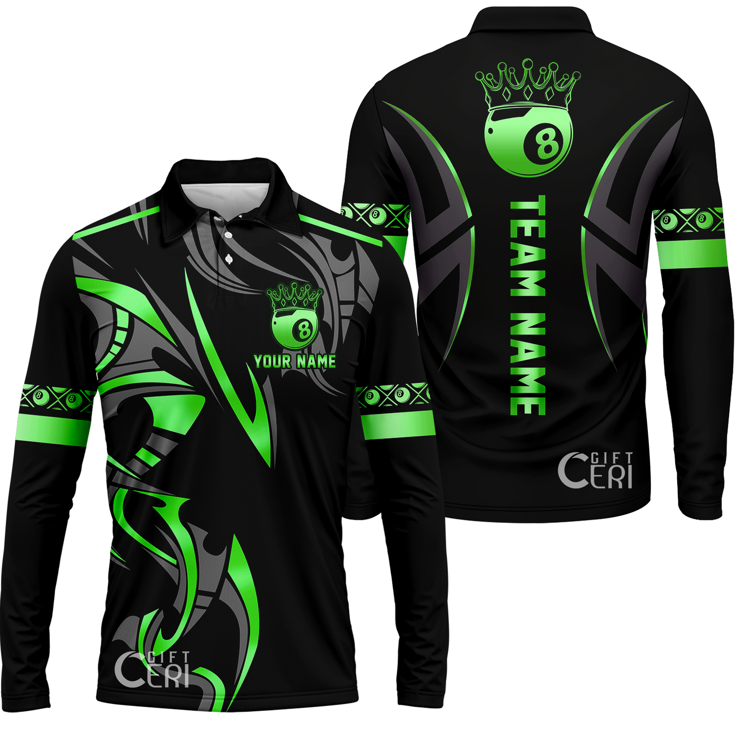 Customized Billiards Long Sleeve Polo Shirt, Crown 8 Ball Esport, 8 Ball Jersey