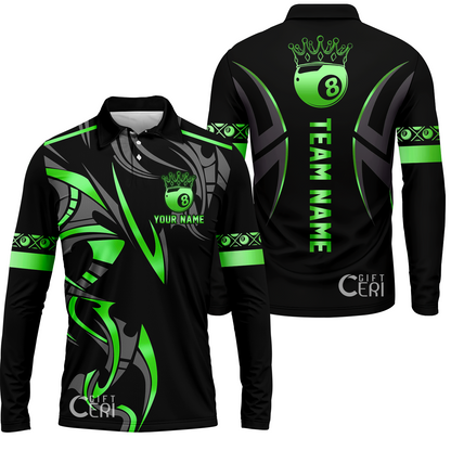 Customized Billiards Long Sleeve Polo Shirt, Crown 8 Ball Esport, 8 Ball Jersey