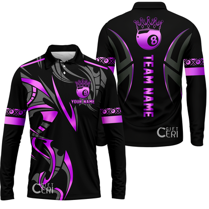 Customized Billiards Long Sleeve Polo Shirt, Crown 8 Ball Esport, 8 Ball Jersey