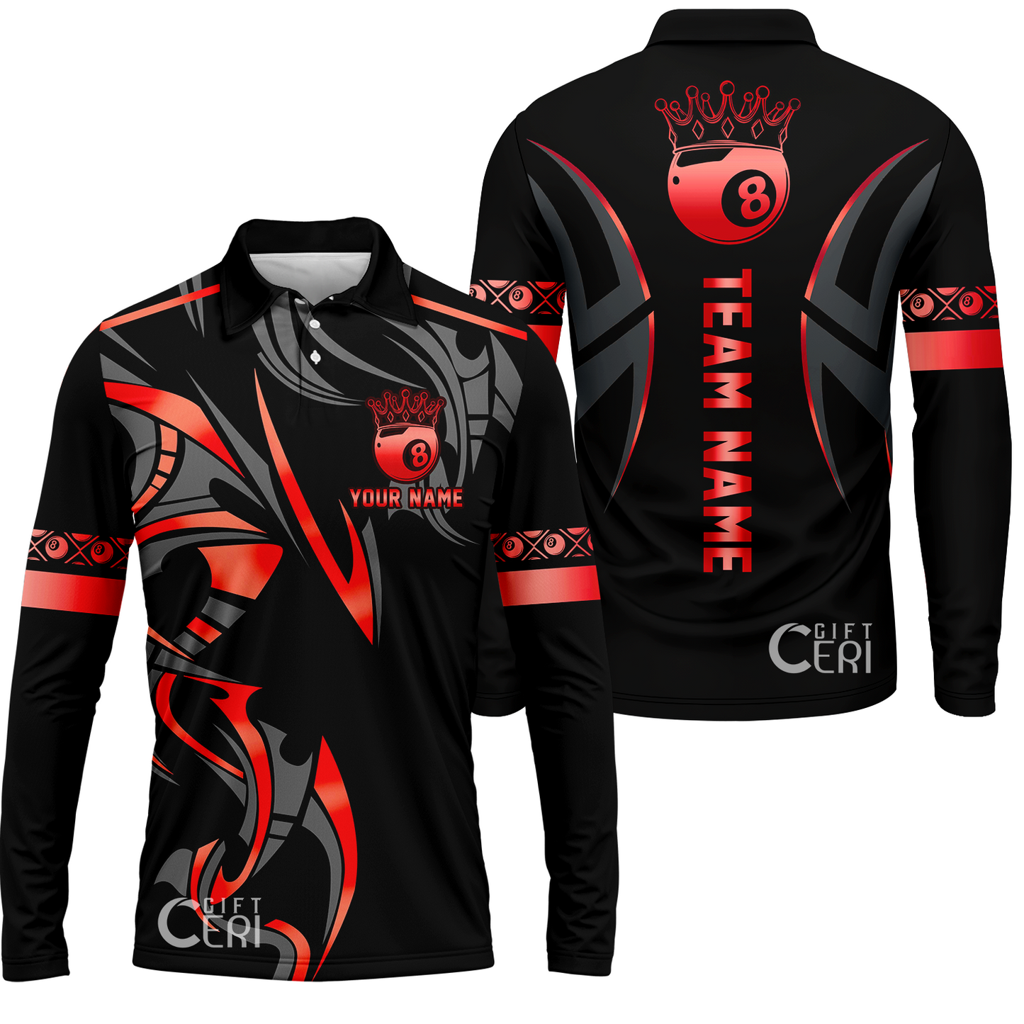 Customized Billiards Long Sleeve Polo Shirt, Crown 8 Ball Esport, 8 Ball Jersey