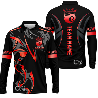 Customized Billiards Long Sleeve Polo Shirt, Crown 8 Ball Esport, 8 Ball Jersey