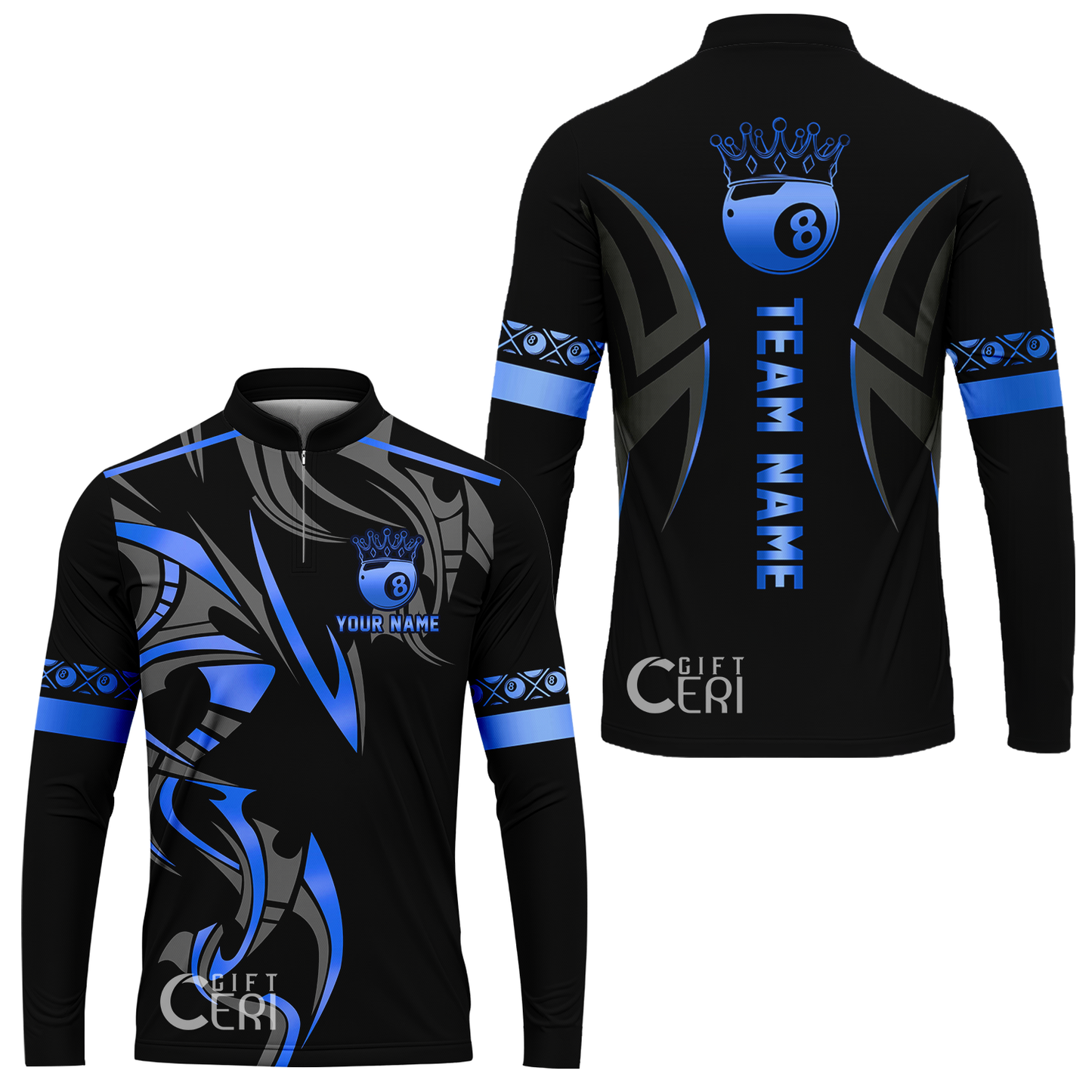 Customized Billiards Stand Collar Quarter-Zip Long Sleeve Jersey, Crown 8 Ball Esport, 8 Ball Jersey