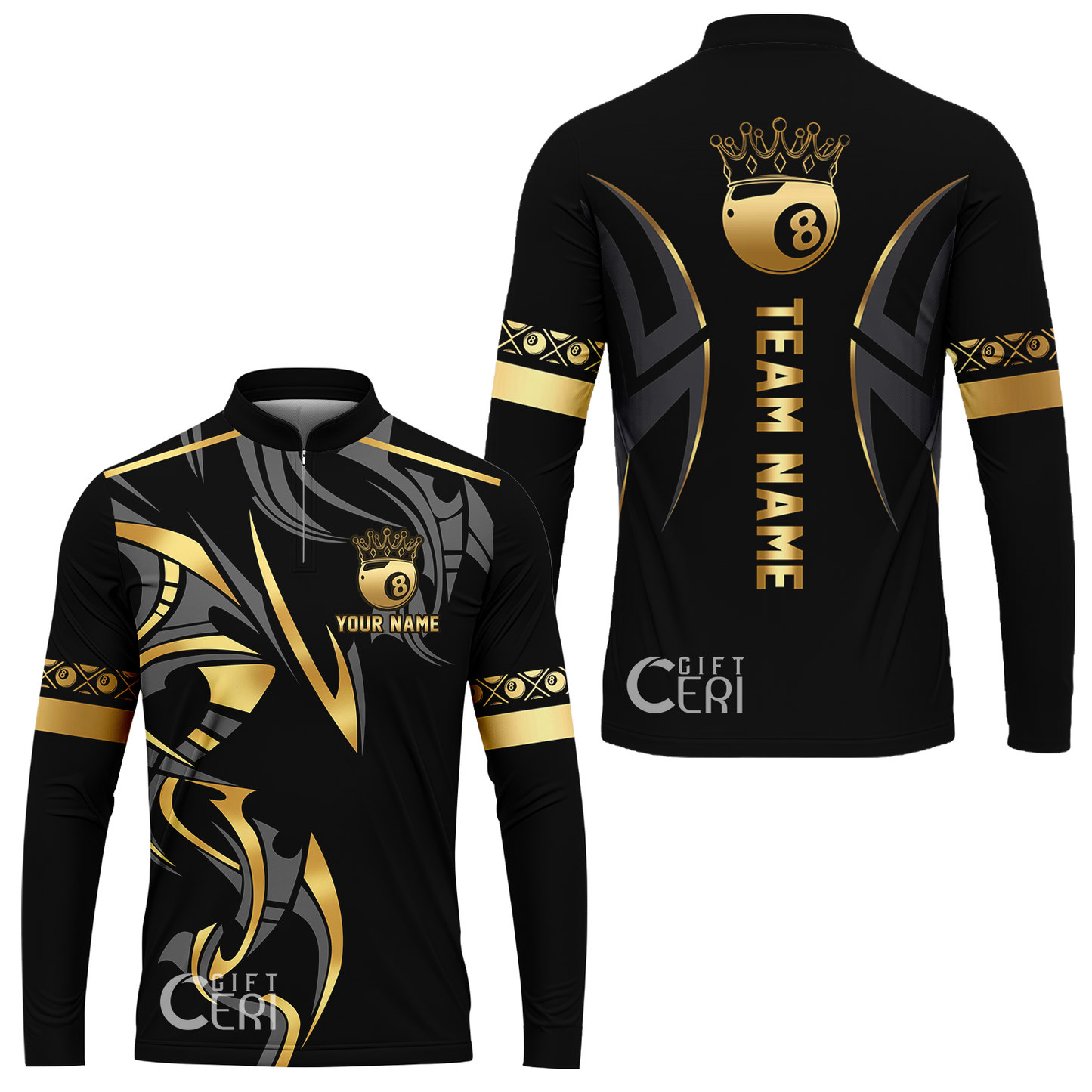 Customized Billiards Stand Collar Quarter-Zip Long Sleeve Jersey, Crown 8 Ball Esport, 8 Ball Jersey