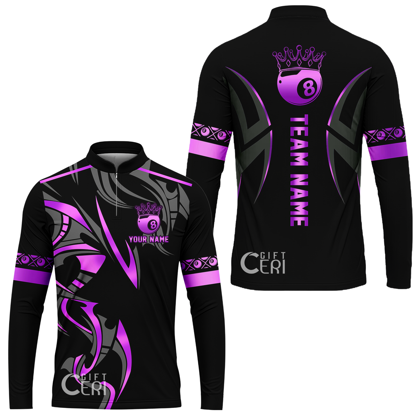Customized Billiards Stand Collar Quarter-Zip Long Sleeve Jersey, Crown 8 Ball Esport, 8 Ball Jersey