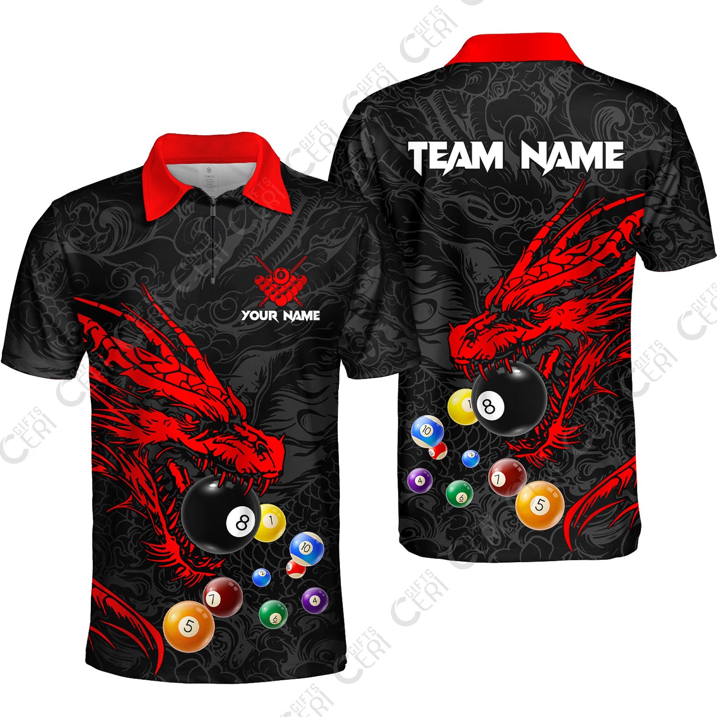 Customized Billiards Quarter-Zip Polo Shirt, Dragon Billiard, 8 Ball Jersey