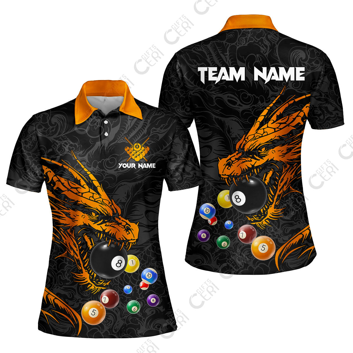Customized Billiards Women Polo Shirt, Dragon Billiard, 8 Ball Jersey