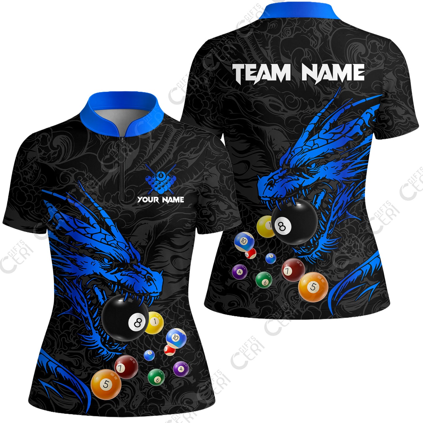 Customized Billiards Stand Collar Quarter Zip Short Sleeve Women's Shirt, Dragon Billiard, 8 Ball Jersey