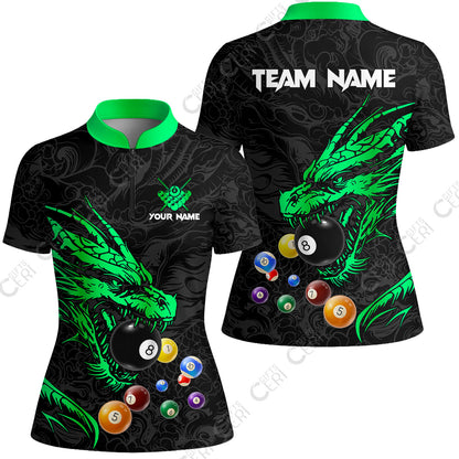 Customized Billiards Stand Collar Quarter Zip Short Sleeve Women's Shirt, Dragon Billiard, 8 Ball Jersey