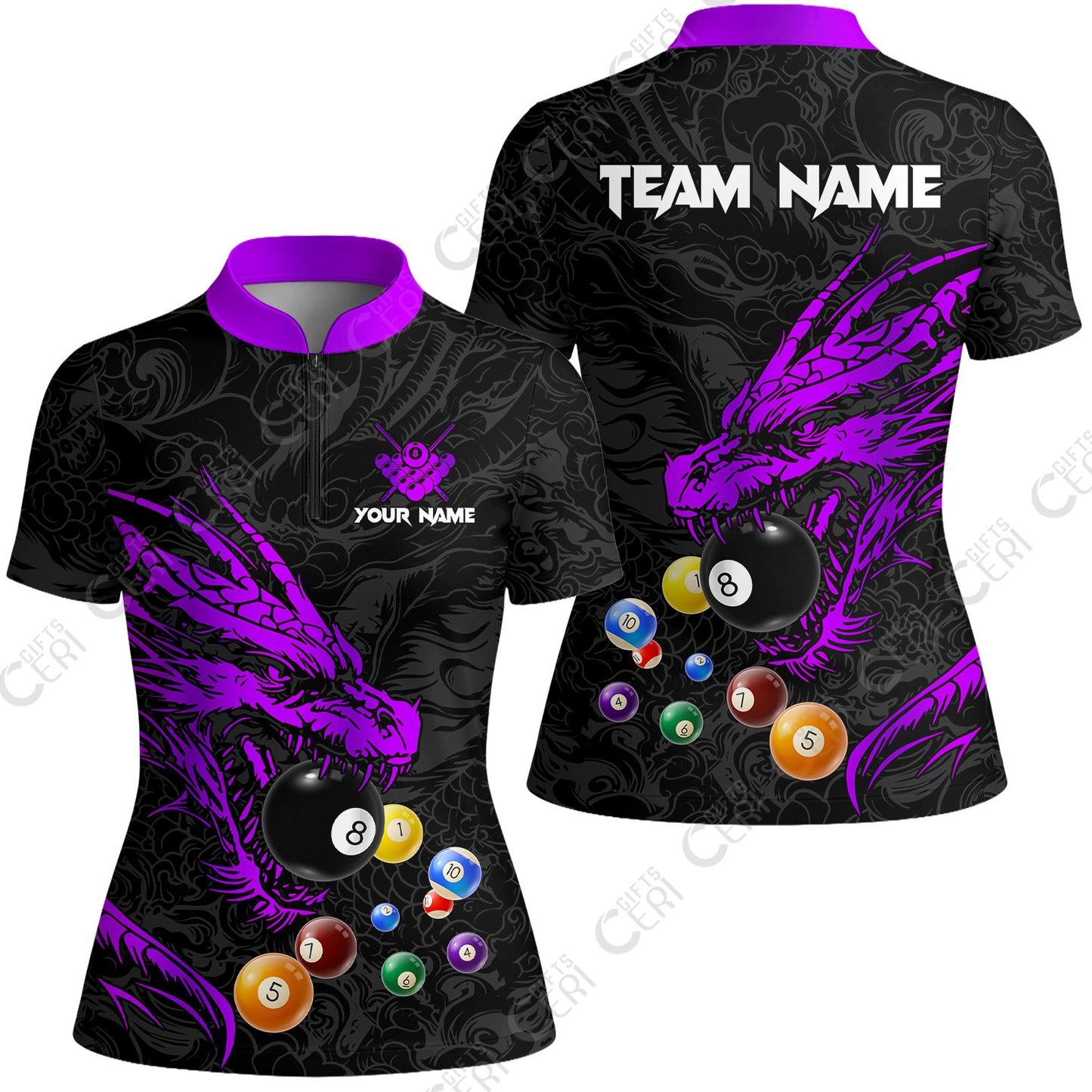 Customized Billiards Stand Collar Quarter Zip Short Sleeve Women's Shirt, Dragon Billiard, 8 Ball Jersey