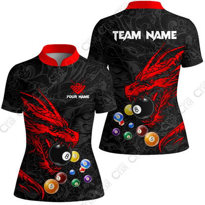 Customized Billiards Stand Collar Quarter Zip Short Sleeve Women's Shirt, Dragon Billiard, 8 Ball Jersey