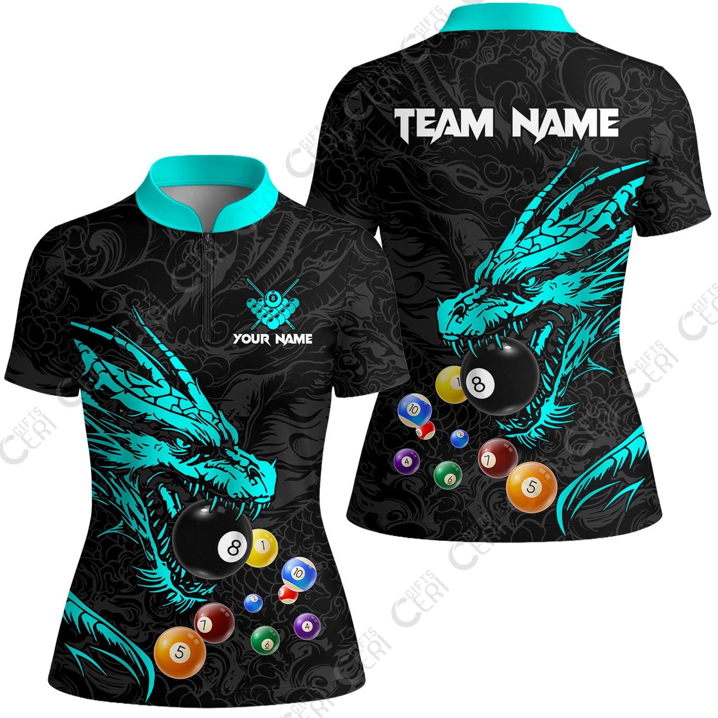 Customized Billiards Stand Collar Quarter Zip Short Sleeve Women's Shirt, Dragon Billiard, 8 Ball Jersey