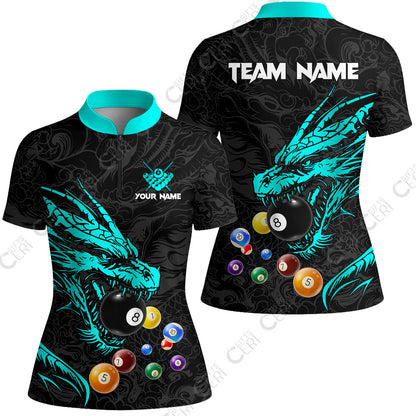 Customized Billiards Stand Collar Quarter Zip Short Sleeve Women's Shirt, Dragon Billiard, 8 Ball Jersey