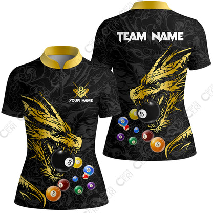 Customized Billiards Stand Collar Quarter Zip Short Sleeve Women's Shirt, Dragon Billiard, 8 Ball Jersey