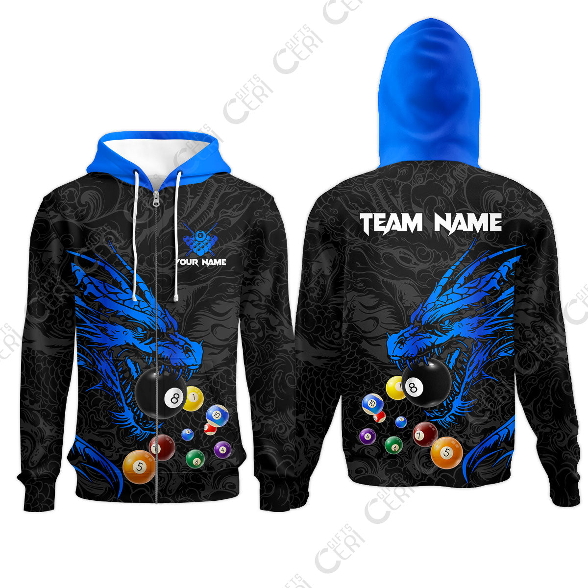 Customized Billiards Zip Hoodies, Dragon Billiard, 8 Ball Jersey