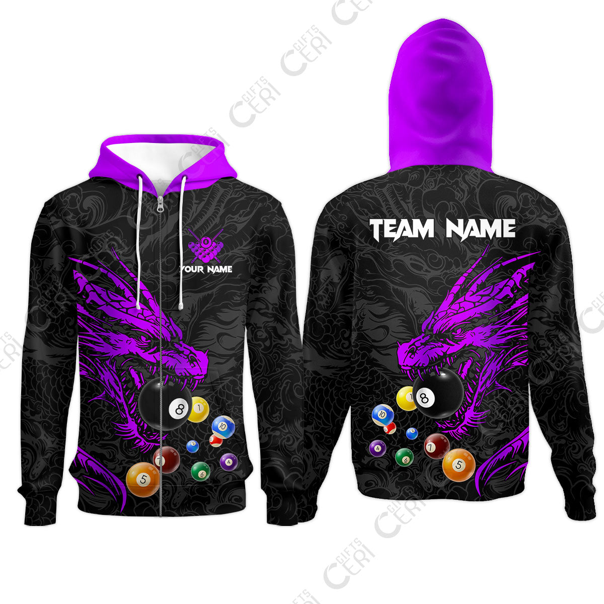 Customized Billiards Zip Hoodies, Dragon Billiard, 8 Ball Jersey