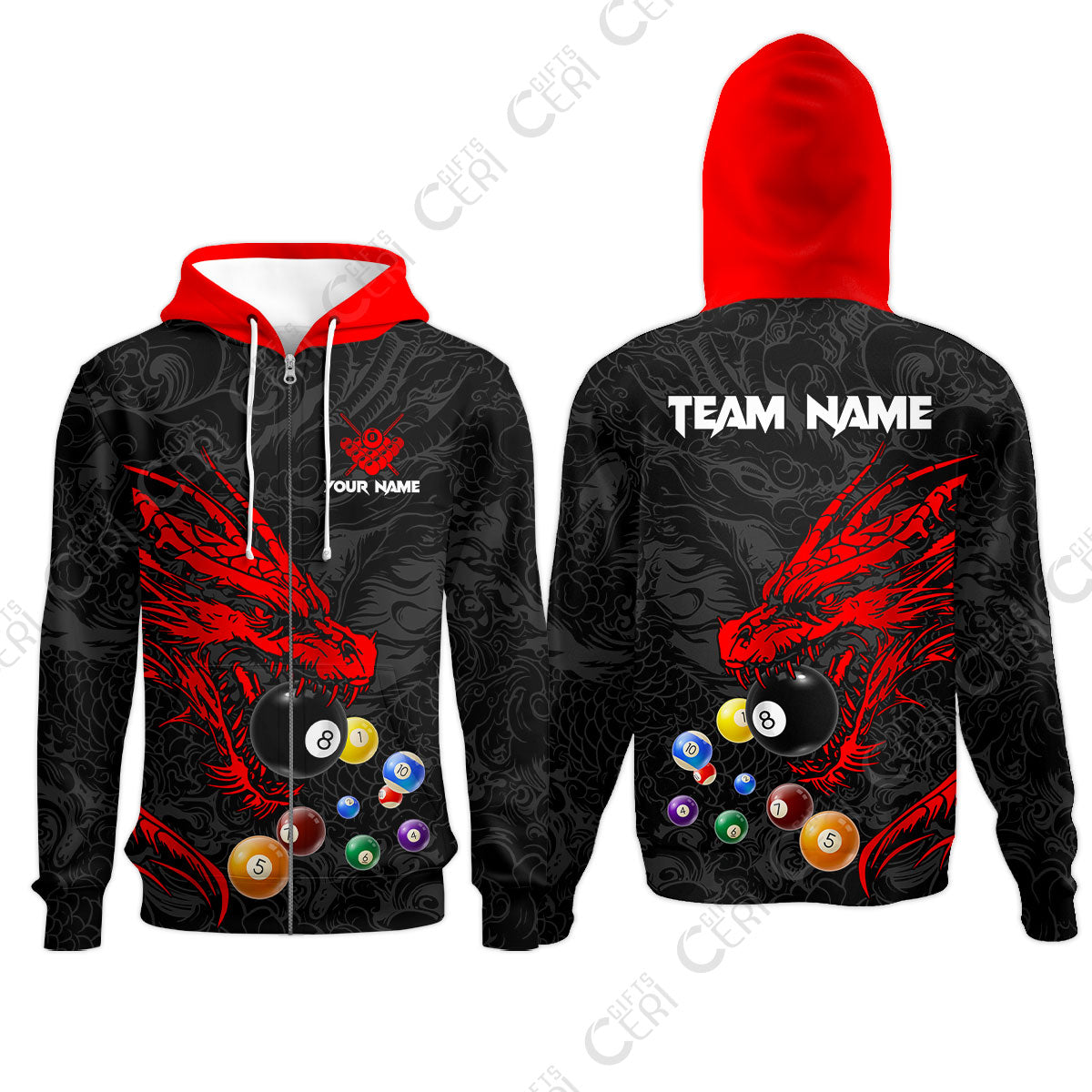 Customized Billiards Zip Hoodies, Dragon Billiard, 8 Ball Jersey