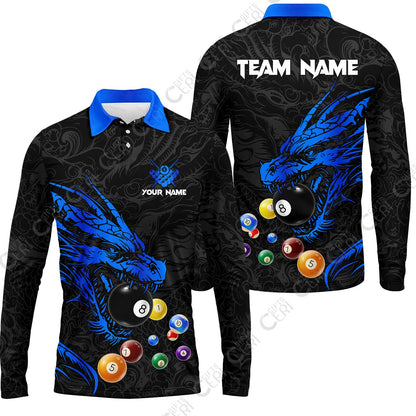 Customized Billiards Long Sleeve Polo Shirt, Dragon Billiard, 8 Ball Jersey