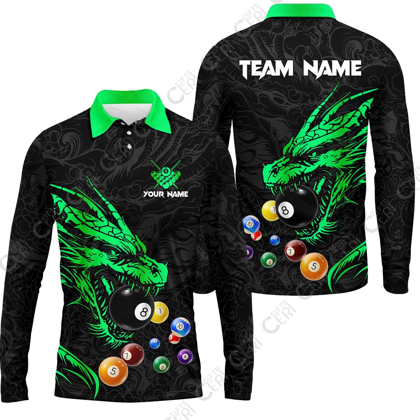 Customized Billiards Long Sleeve Polo Shirt, Dragon Billiard, 8 Ball Jersey