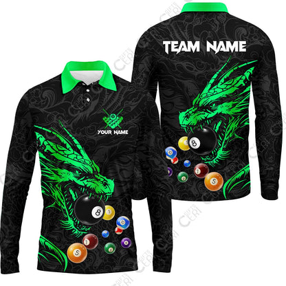 Customized Billiards Long Sleeve Polo Shirt, Dragon Billiard, 8 Ball Jersey