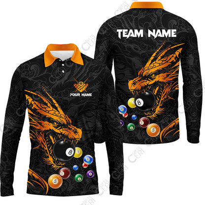 Customized Billiards Long Sleeve Polo Shirt, Dragon Billiard, 8 Ball Jersey