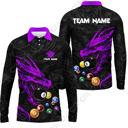 Customized Billiards Long Sleeve Polo Shirt, Dragon Billiard, 8 Ball Jersey