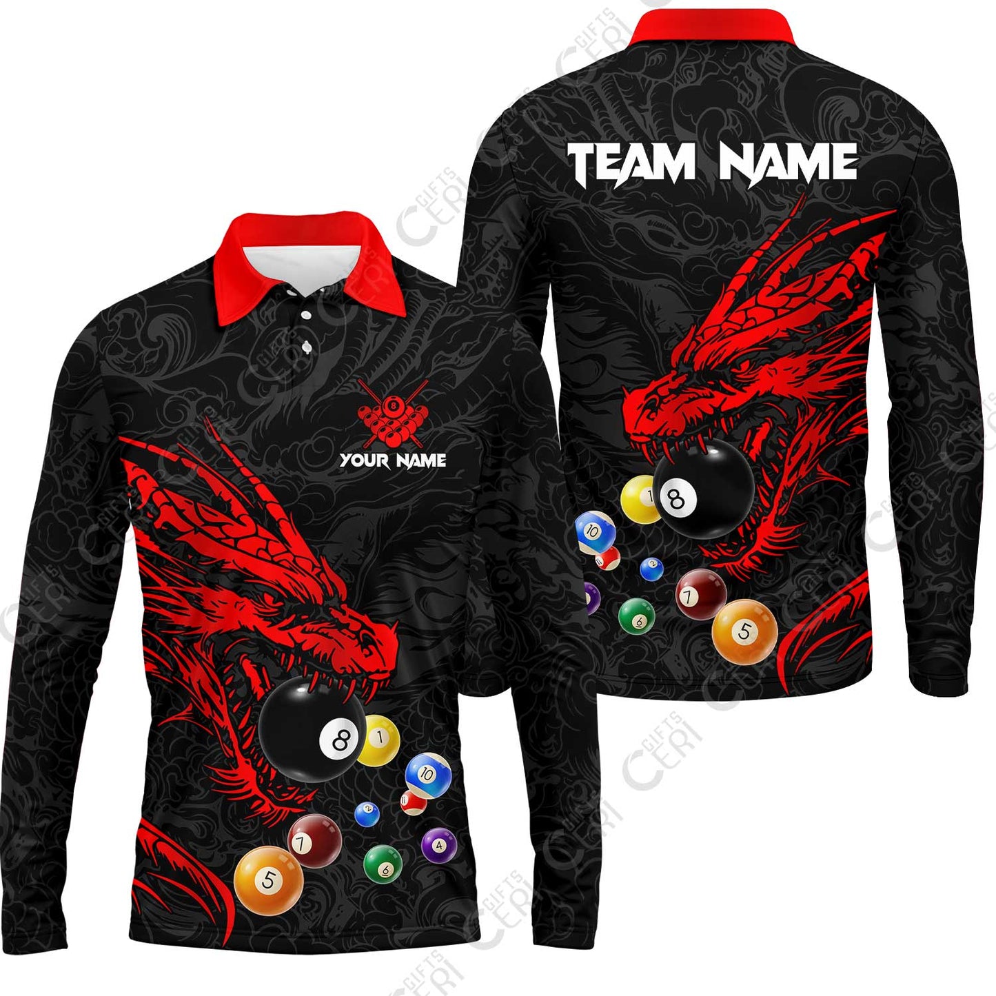 Customized Billiards Long Sleeve Polo Shirt, Dragon Billiard, 8 Ball Jersey