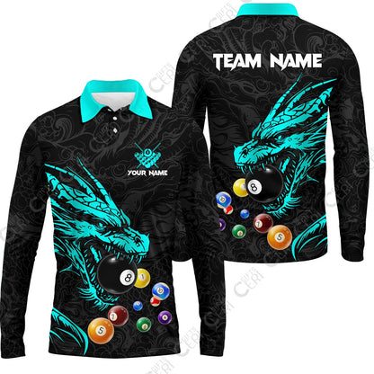 Customized Billiards Long Sleeve Polo Shirt, Dragon Billiard, 8 Ball Jersey
