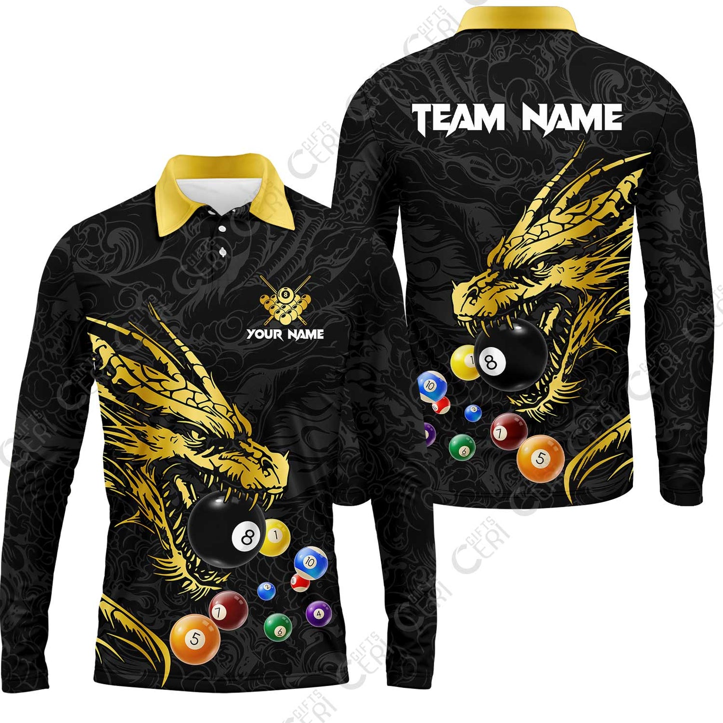 Customized Billiards Long Sleeve Polo Shirt, Dragon Billiard, 8 Ball Jersey