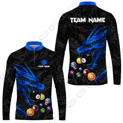 Customized Billiards Stand Collar Quarter-Zip Long Sleeve Jersey, Dragon Billiard, 8 Ball Jersey