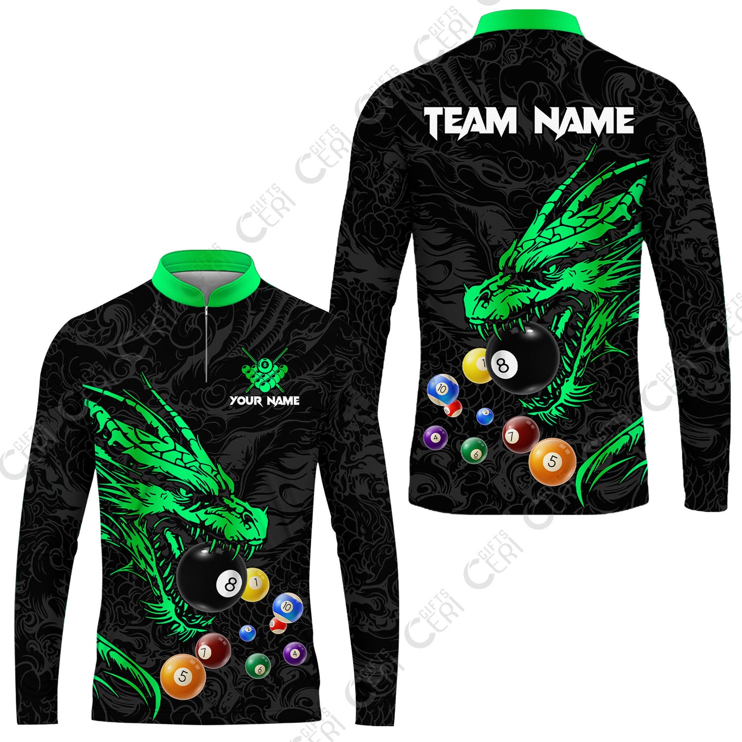 Customized Billiards Stand Collar Quarter-Zip Long Sleeve Jersey, Dragon Billiard, 8 Ball Jersey