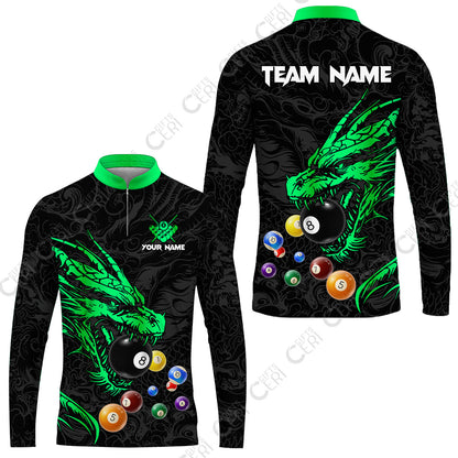 Customized Billiards Stand Collar Quarter-Zip Long Sleeve Jersey, Dragon Billiard, 8 Ball Jersey