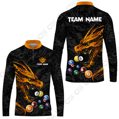 Customized Billiards Stand Collar Quarter-Zip Long Sleeve Jersey, Dragon Billiard, 8 Ball Jersey