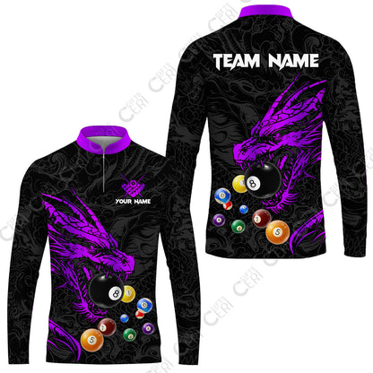 Customized Billiards Stand Collar Quarter-Zip Long Sleeve Jersey, Dragon Billiard, 8 Ball Jersey