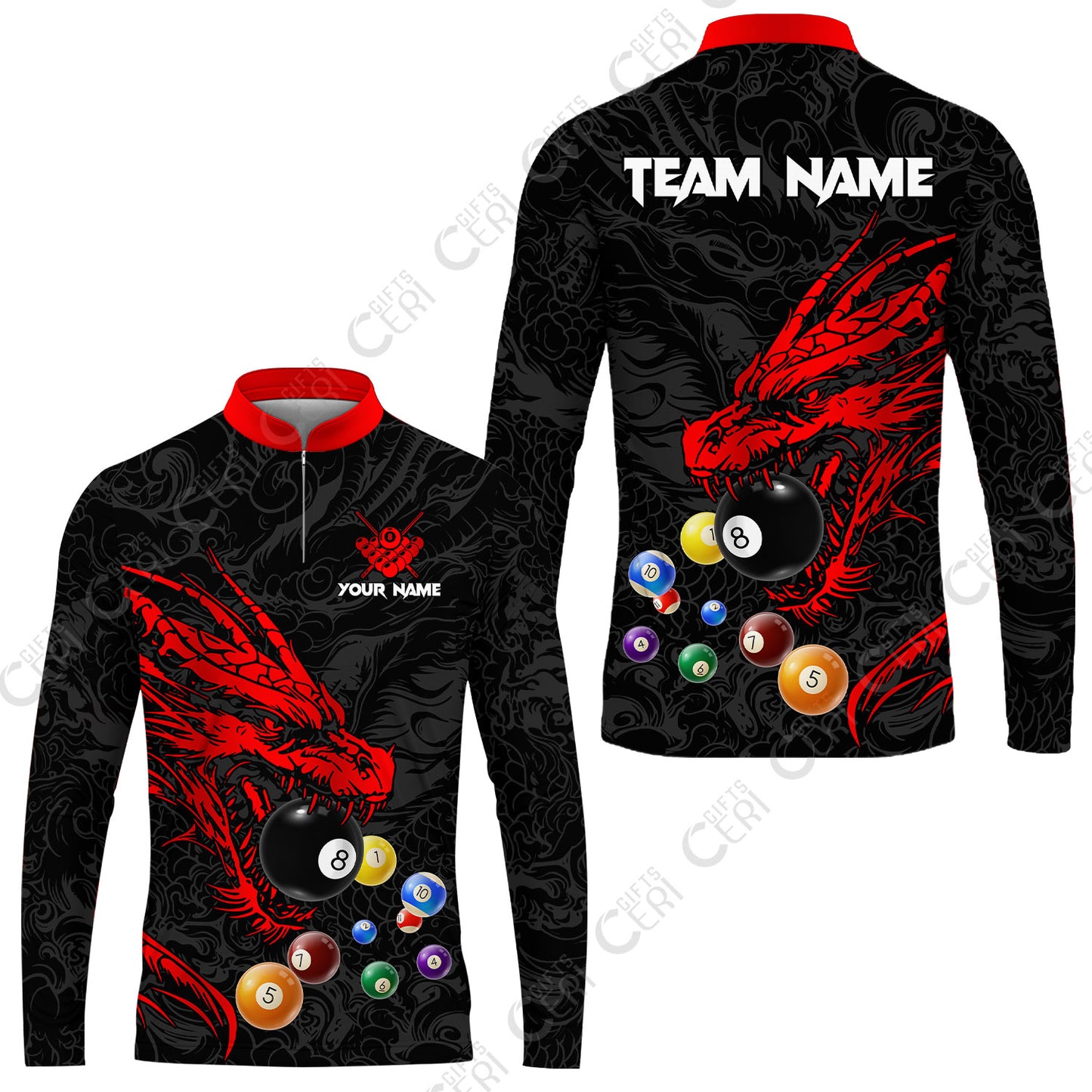 Customized Billiards Stand Collar Quarter-Zip Long Sleeve Jersey, Dragon Billiard, 8 Ball Jersey