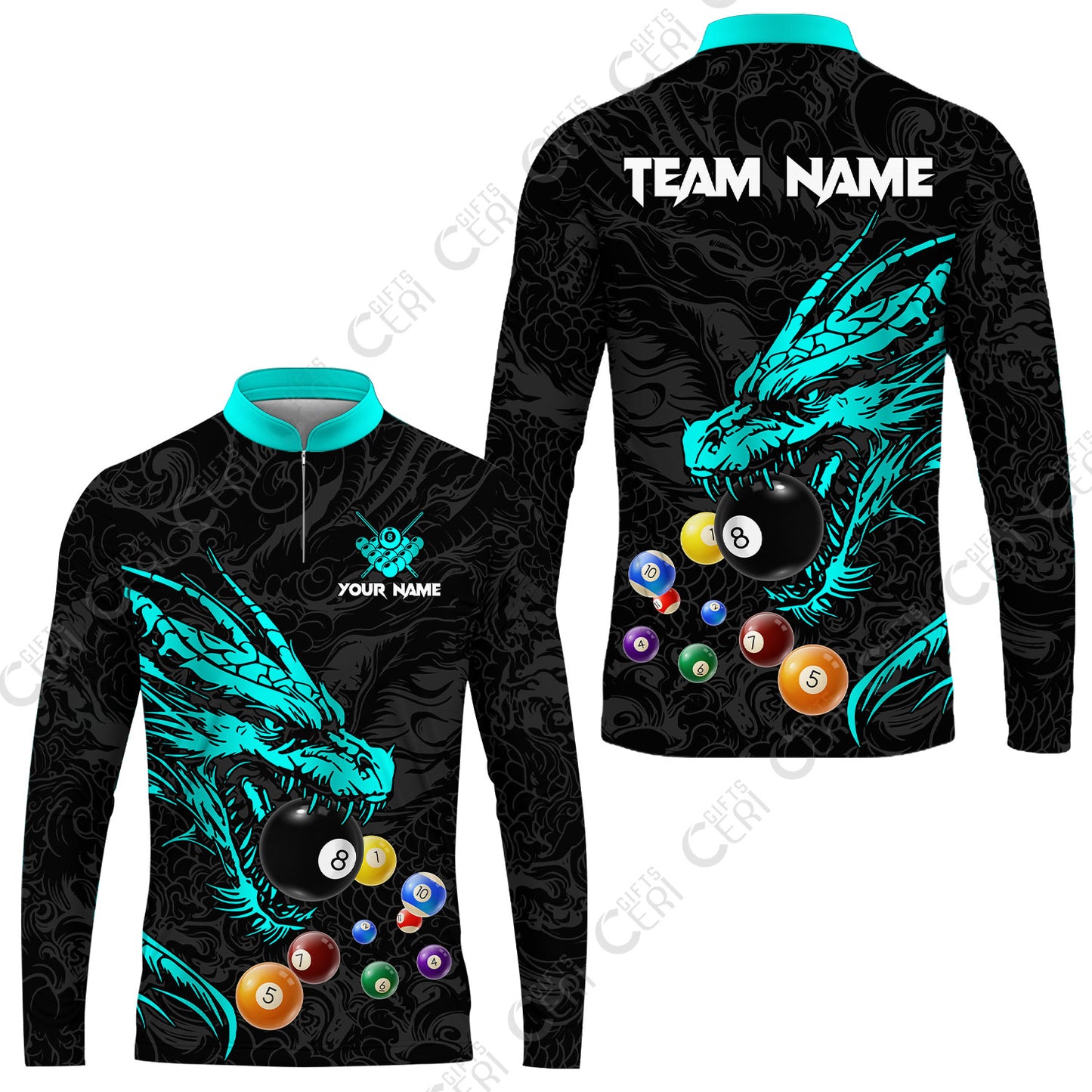Customized Billiards Stand Collar Quarter-Zip Long Sleeve Jersey, Dragon Billiard, 8 Ball Jersey