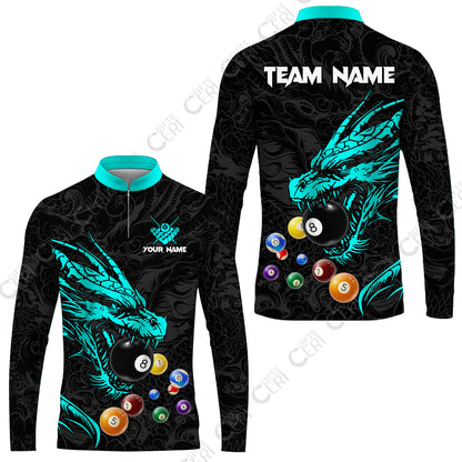 Customized Billiards Stand Collar Quarter-Zip Long Sleeve Jersey, Dragon Billiard, 8 Ball Jersey