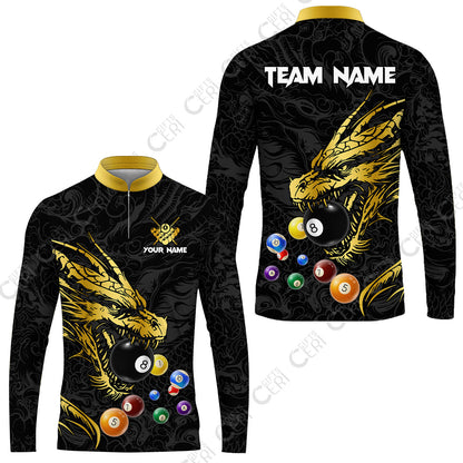 Customized Billiards Stand Collar Quarter-Zip Long Sleeve Jersey, Dragon Billiard, 8 Ball Jersey