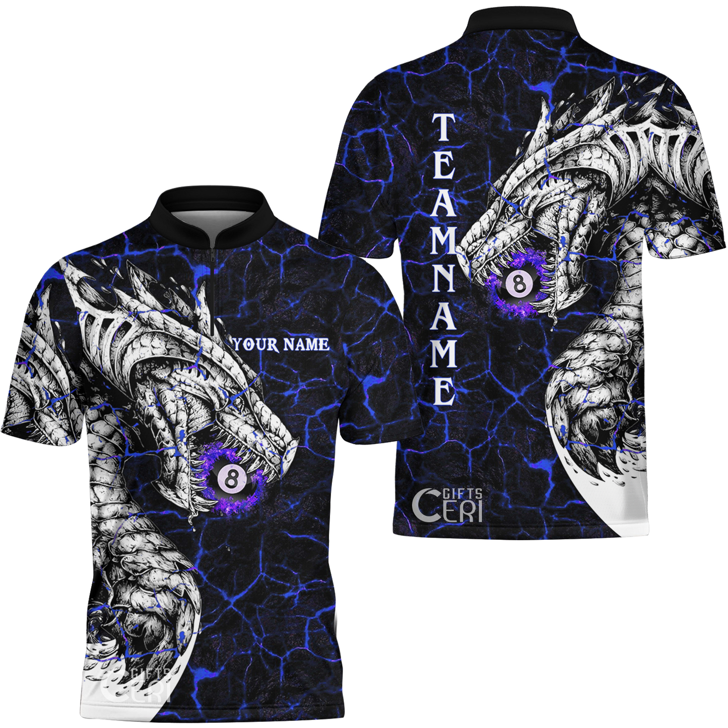 Customized Billiards Stand Collar Quarter-Zip Short Sleeve Jersey, Magma Pattern And Dragon 8 Ball Jersey