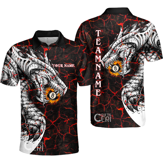 Customized Billiards Quarter-Zip Polo Shirt, Magma Pattern And Dragon 8 Ball Jersey