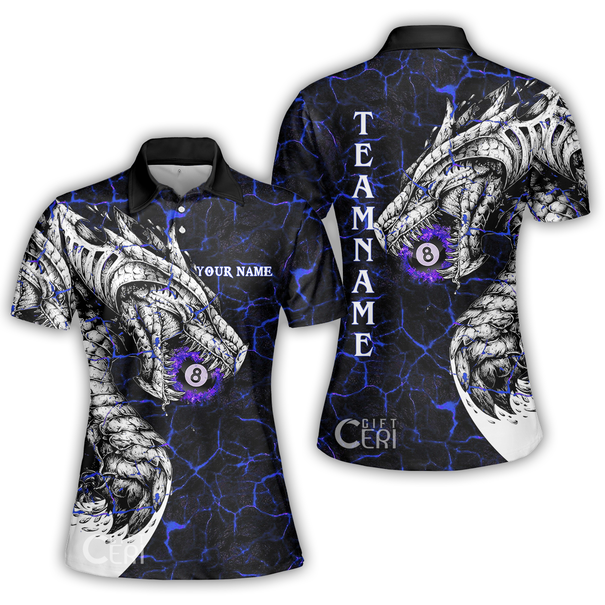 Customized Billiards Women Polo Shirt, Magma Pattern And Dragon 8 Ball Jersey
