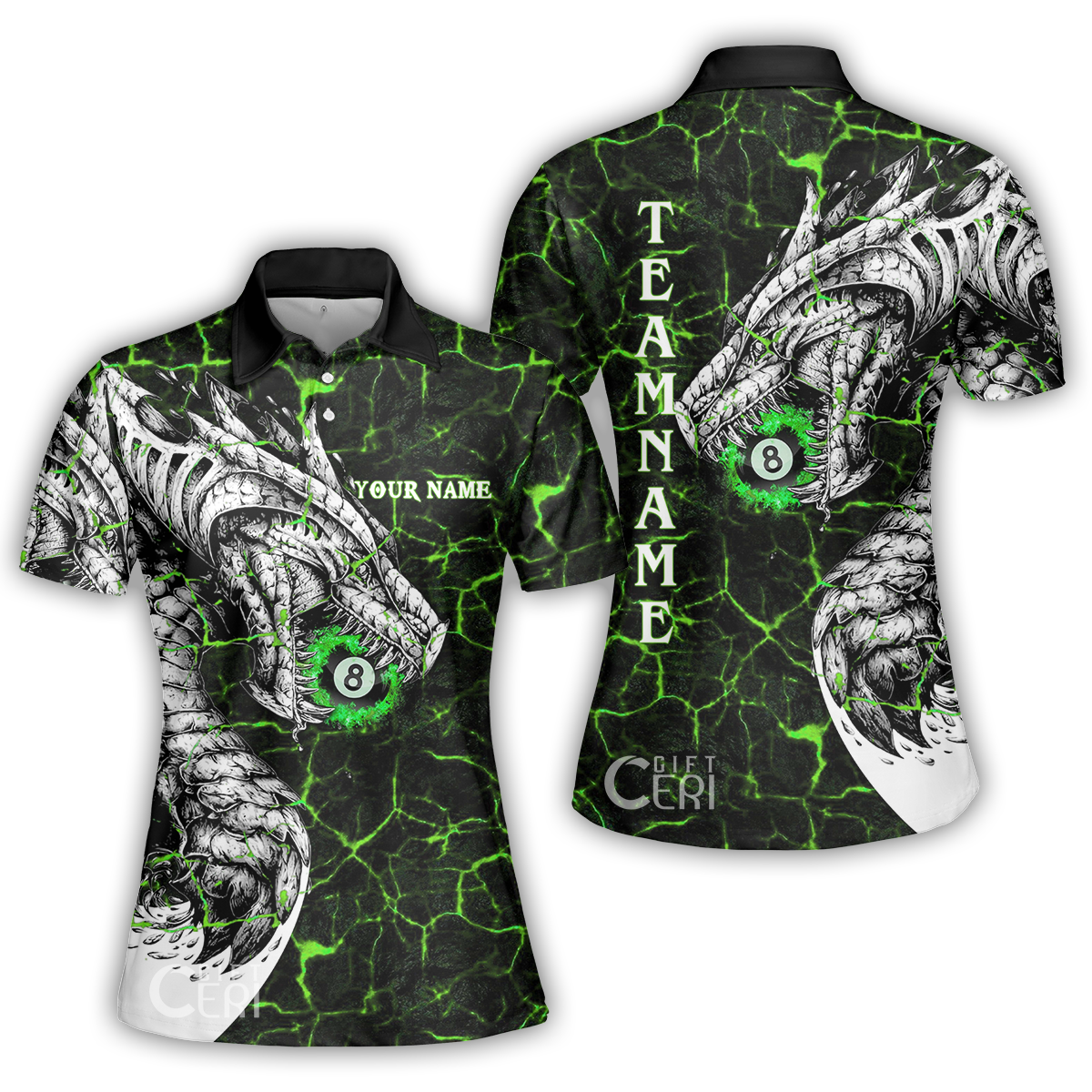Customized Billiards Women Polo Shirt, Magma Pattern And Dragon 8 Ball Jersey