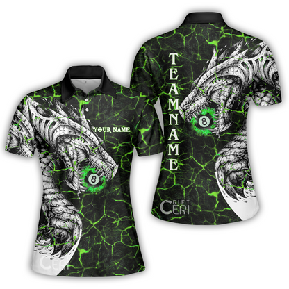 Customized Billiards Women Polo Shirt, Magma Pattern And Dragon 8 Ball Jersey