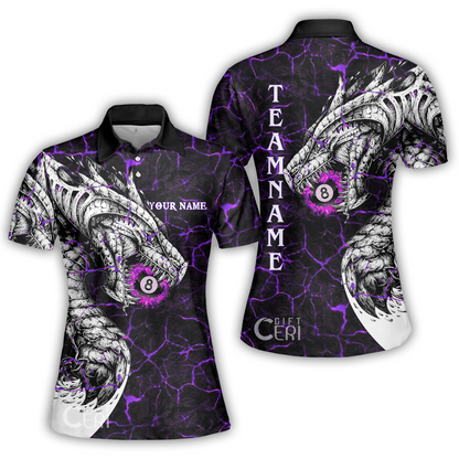 Customized Billiards Women Polo Shirt, Magma Pattern And Dragon 8 Ball Jersey